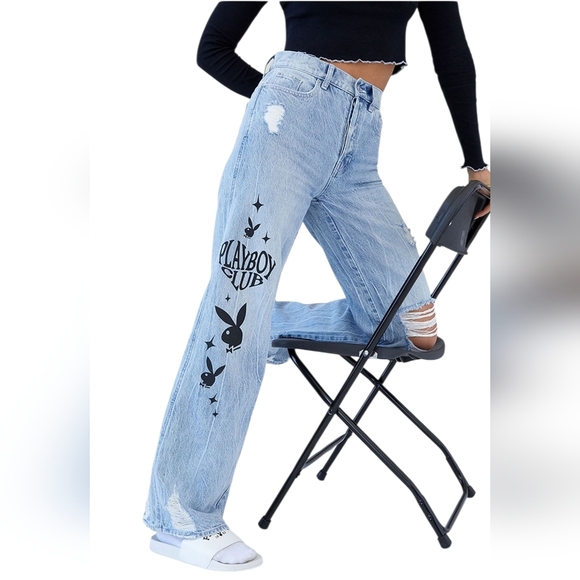 Playboy By PacSun Eco Super Distressed High Waisted Baggy Jeans size 24 - Picture 2 of 14